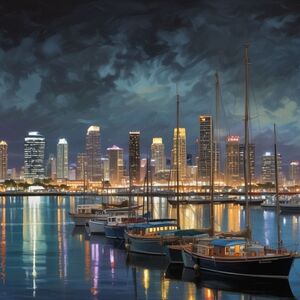 Harbor Cityscape Art Print with Blue and Gray Tones